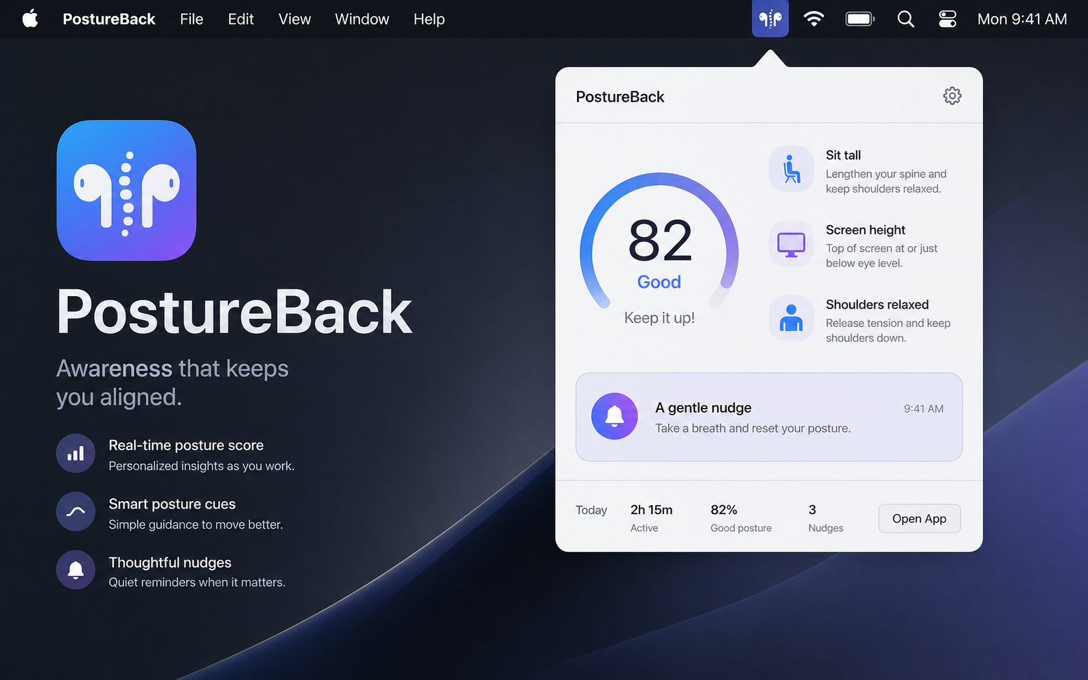 PostureBack menu bar popover showing a posture score, guidance cards, and a quiet nudge.