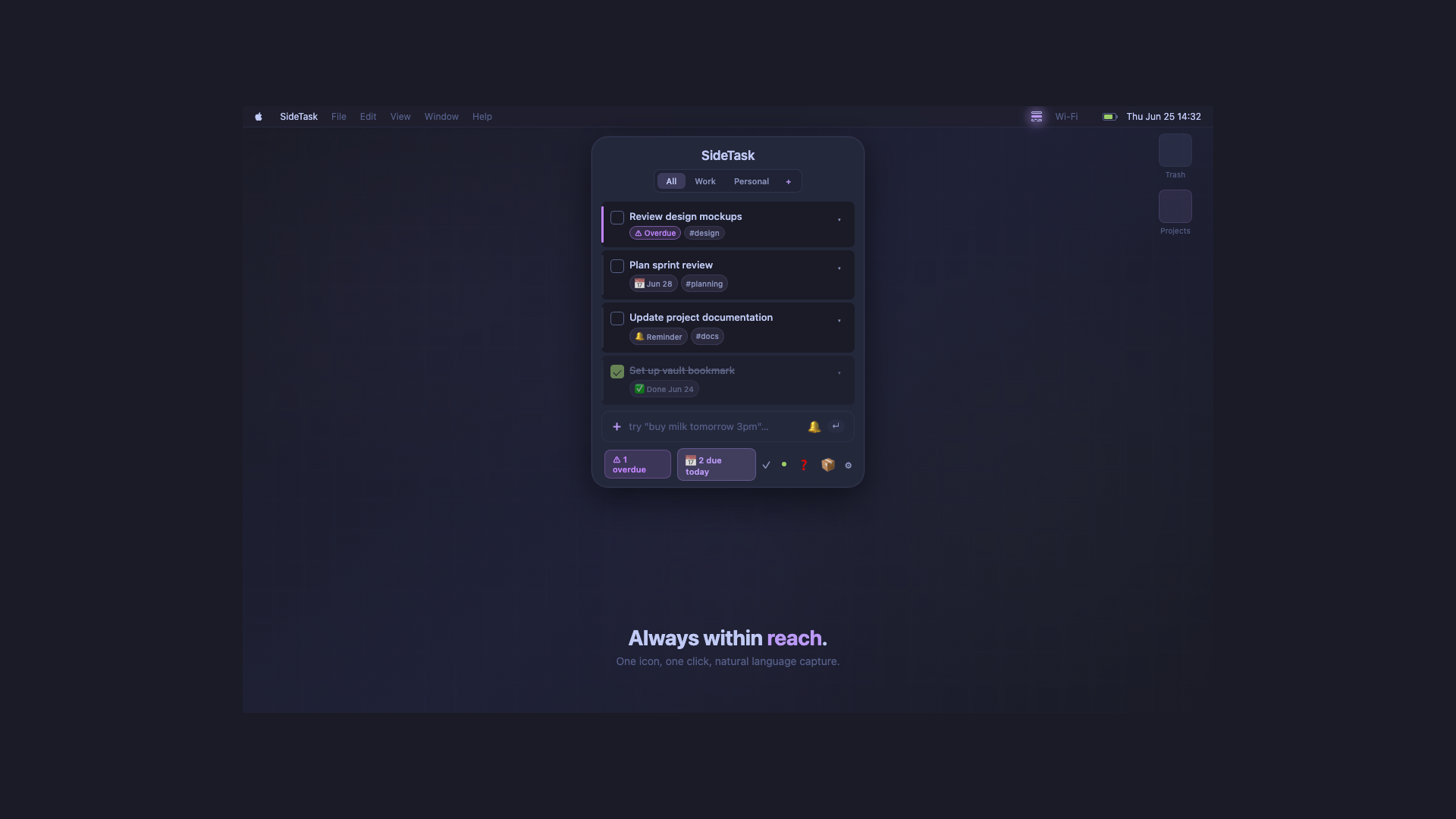 SideTask screenshot showing a macOS menu bar popover with filters, task cards, and quick add.