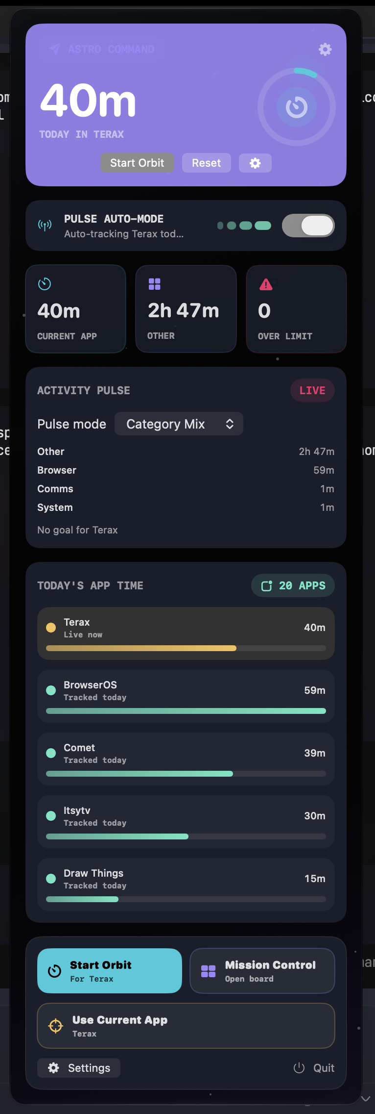 SpaceTime screenshot showing a focus dashboard with a workday timer, app activity, goals, and activity pulse.